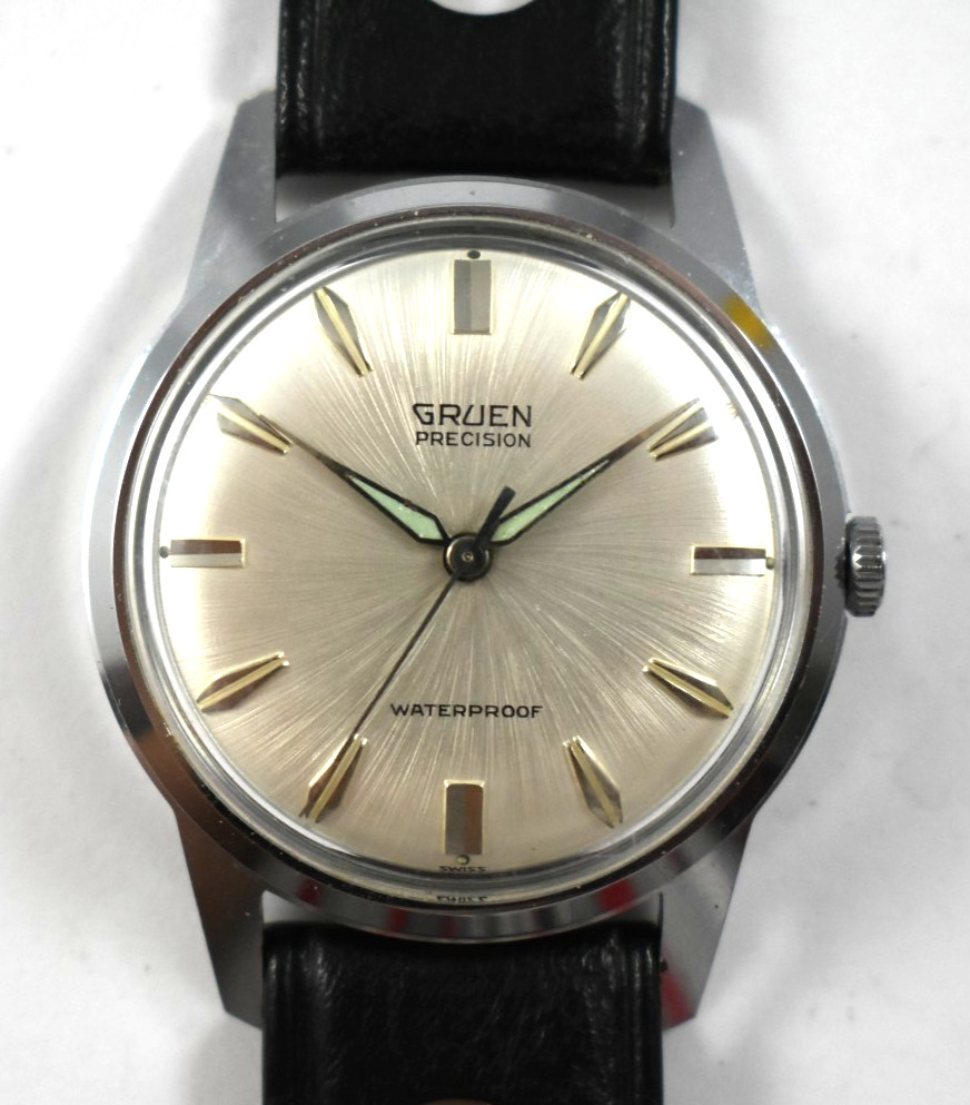 Vintage Gruen Precision Waterproof 34mm Case Mechanic Wrist Watch Runs lot.wn