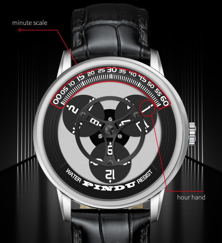 PINDU Men’s Automatic Watch Unique Rotating Disc Dial Miyota 8215 Luminous Leath