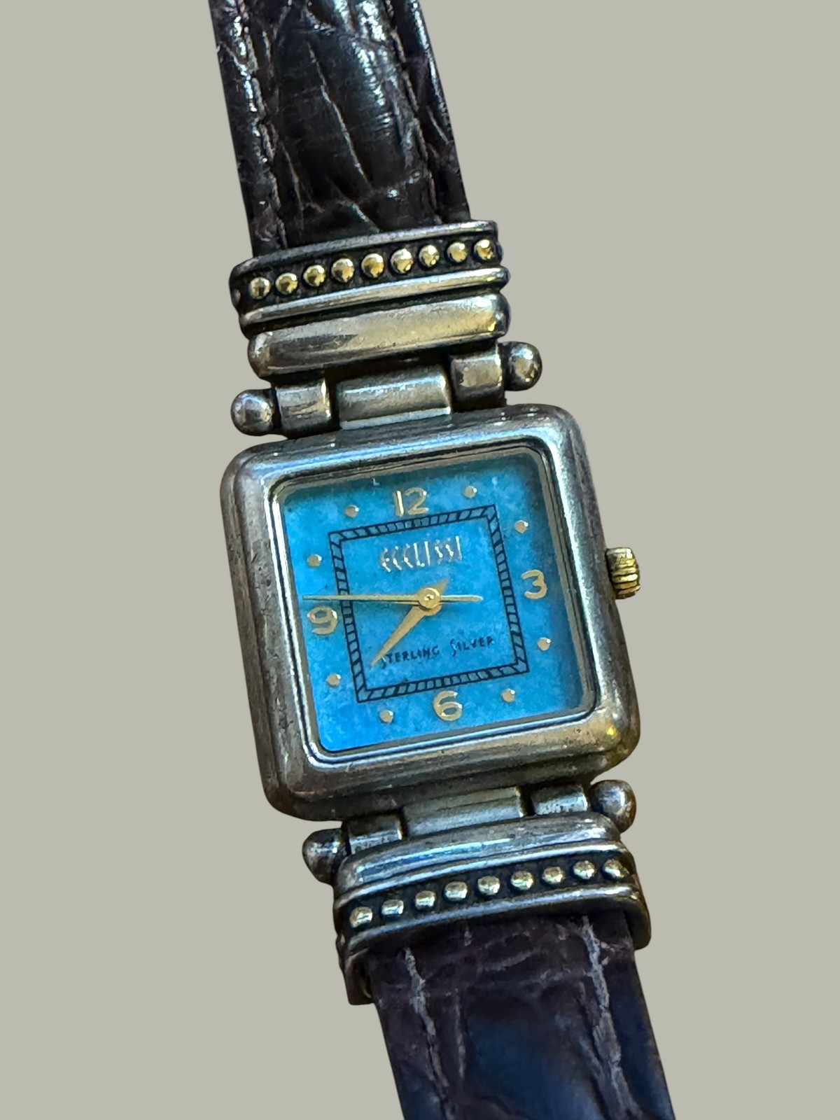 ECLISSI Sterling Silver Case Ladies Watch Blue Dial Brown Croc Embossed Leather