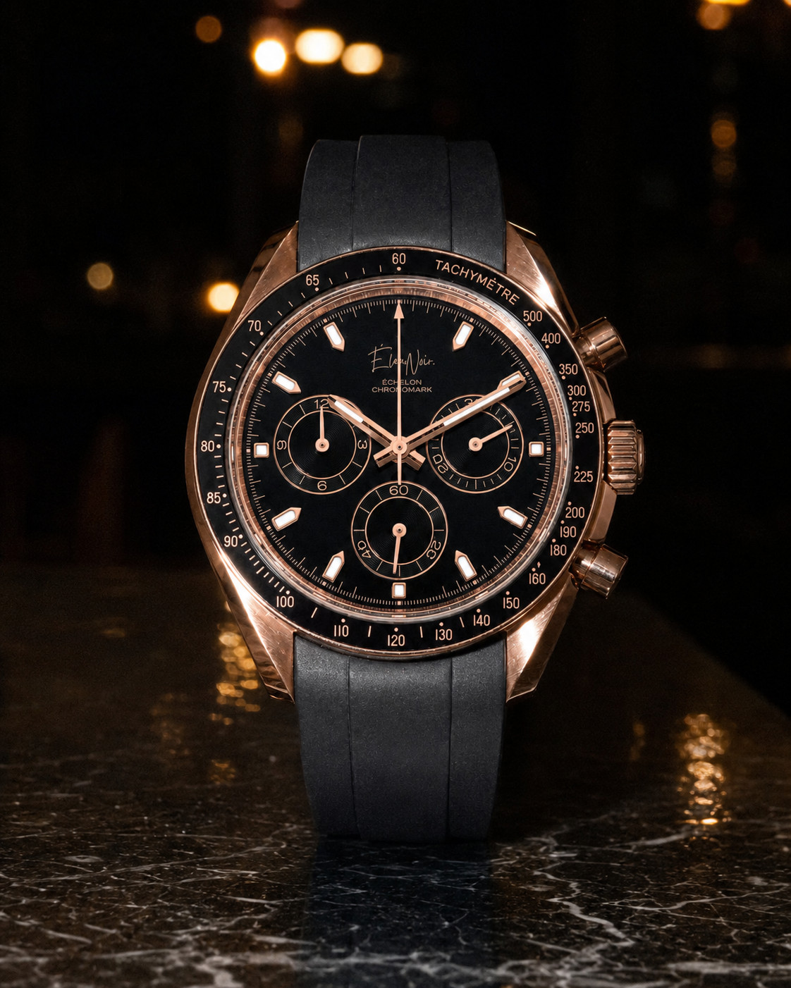 ÉlanNoir Chronograph Watch VK63 Black Dial Rose Case Sapphire Crystal Steel 40mm