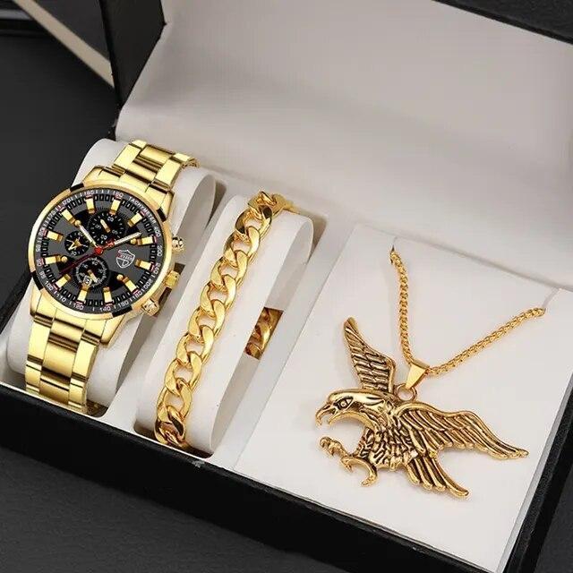 3pcs Luxury Mens Calendar Watch Eagle Necklace Chain Bracelet Gift Jewellery Set