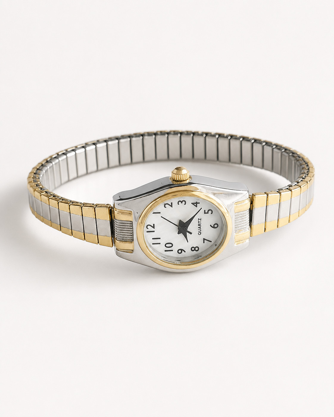 Accutime Ladies Watch Two Tone Oval Mother of Pearl Dial Stretch Band Quartz