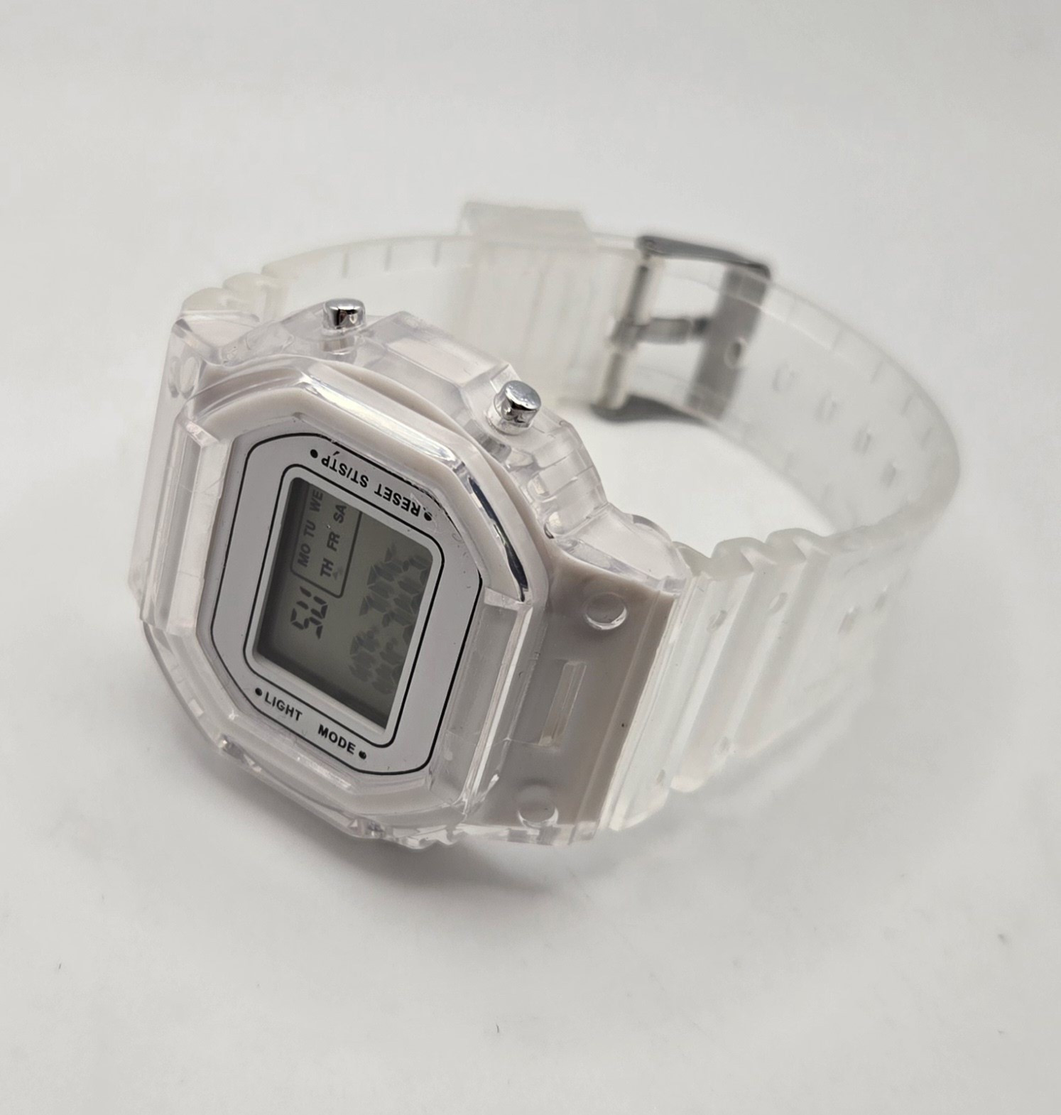 Digital Watch w/Clear Plastic Case & Clear Silicone Band ~ Blue Light **WORKS**