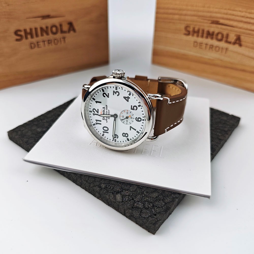 Shinola Men’s Quartz Analog Watch Silver Steel 41MM White Dial Brown Strap Watch