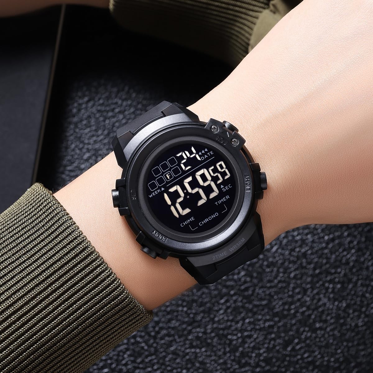 Tactical Sport Digital Watch Shockproof LED Black TPU Strap Waterproof 50M 5ATM