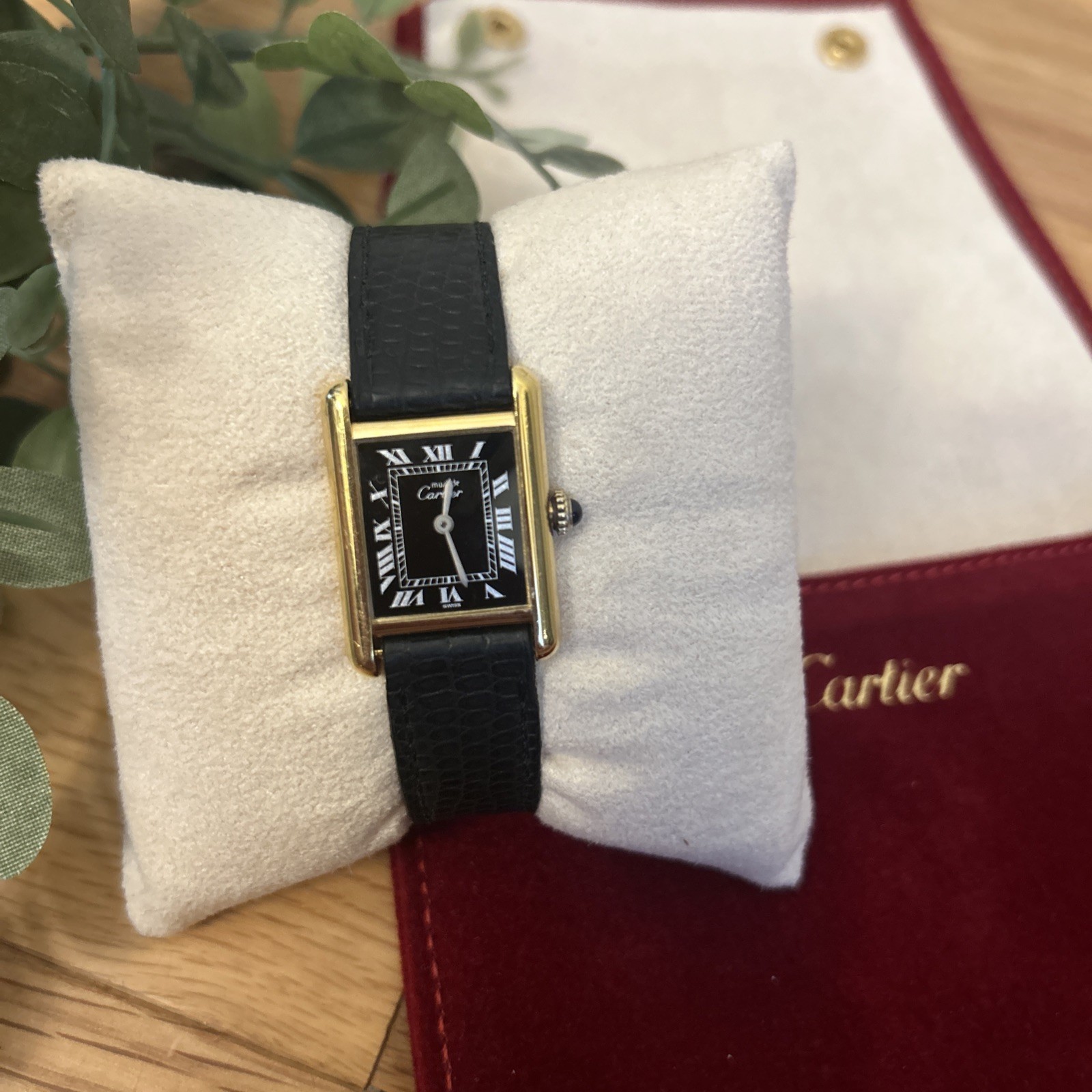 rare MUST DE CARTIER Black Dial White Roman Numerals YG Black Strap Tang Buckle