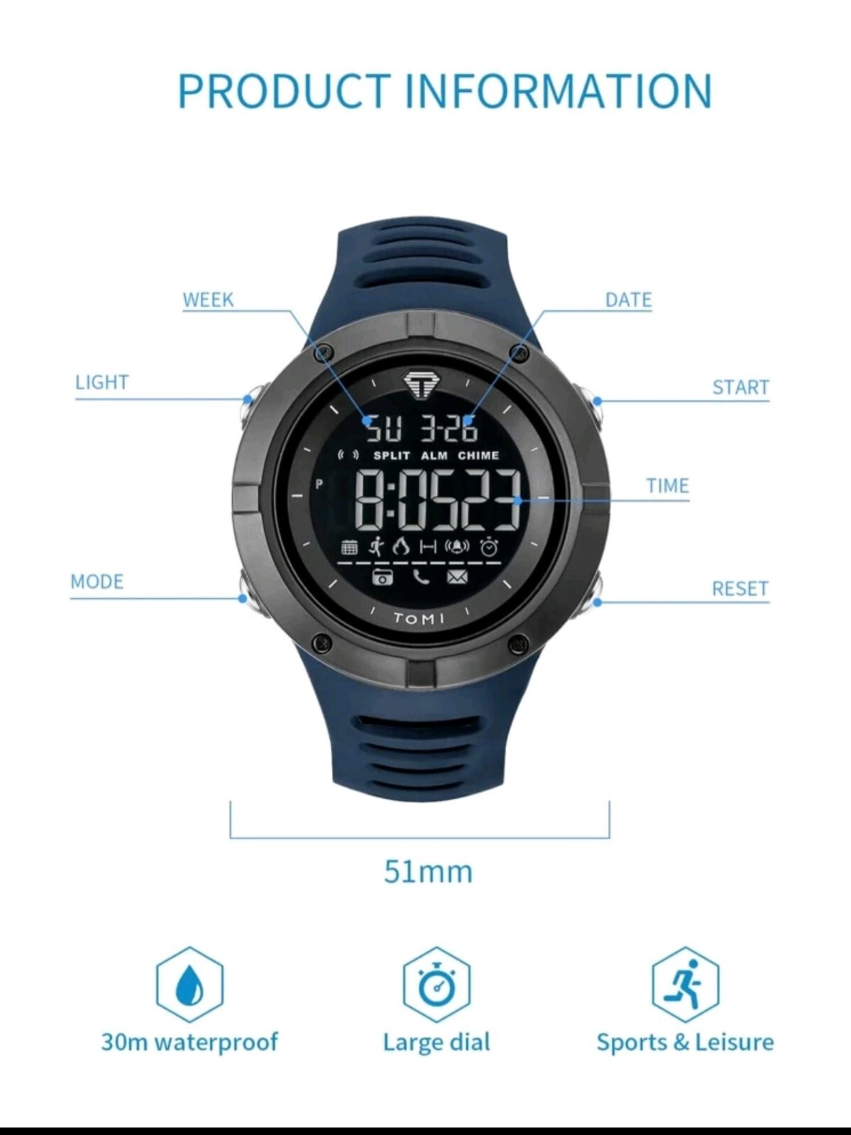 Large Blue TOMI mens Digital Watch Tpu Strap