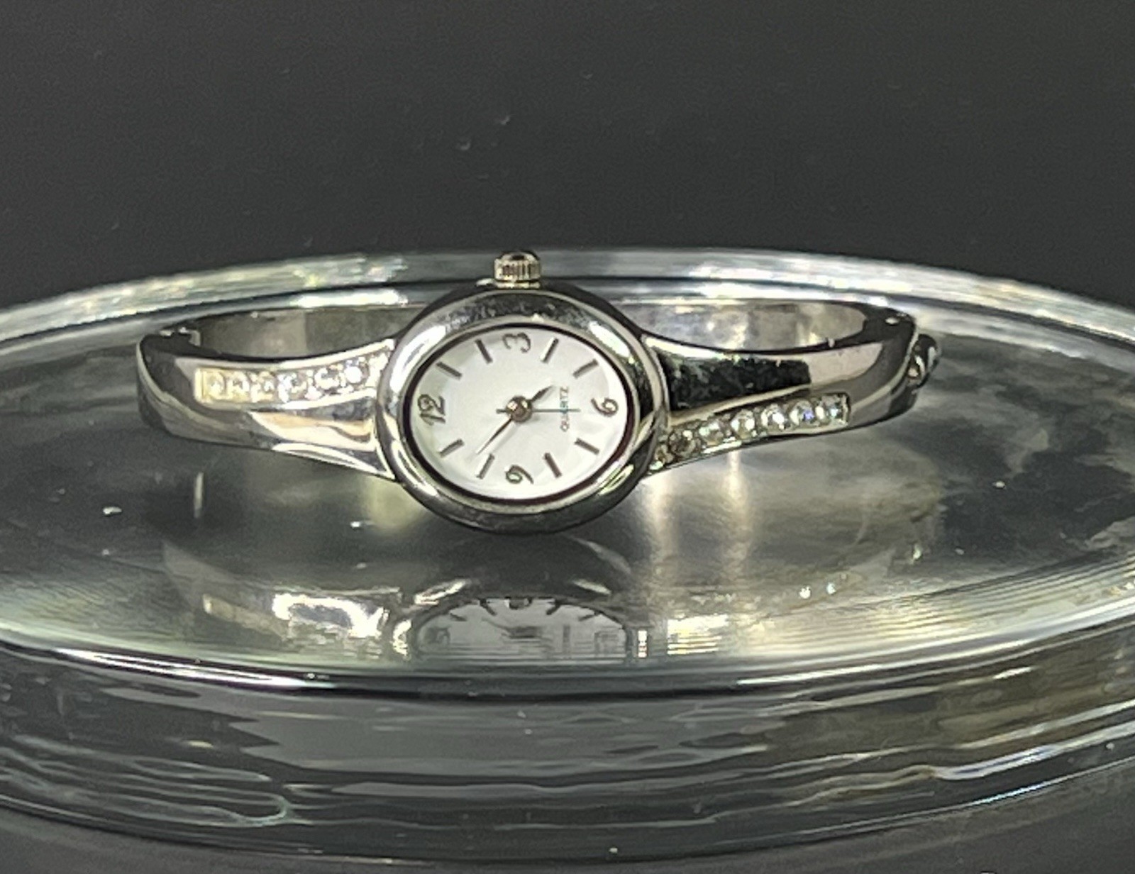 28mm Silver Case Watch White Dial Crystal Accents Latched Solid Silver Bracelet