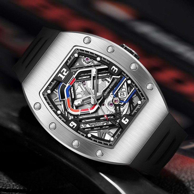 HANBORO Men Automatic Watch Tonneau Mechanical Wristwatch Racetrack Miyota 9015