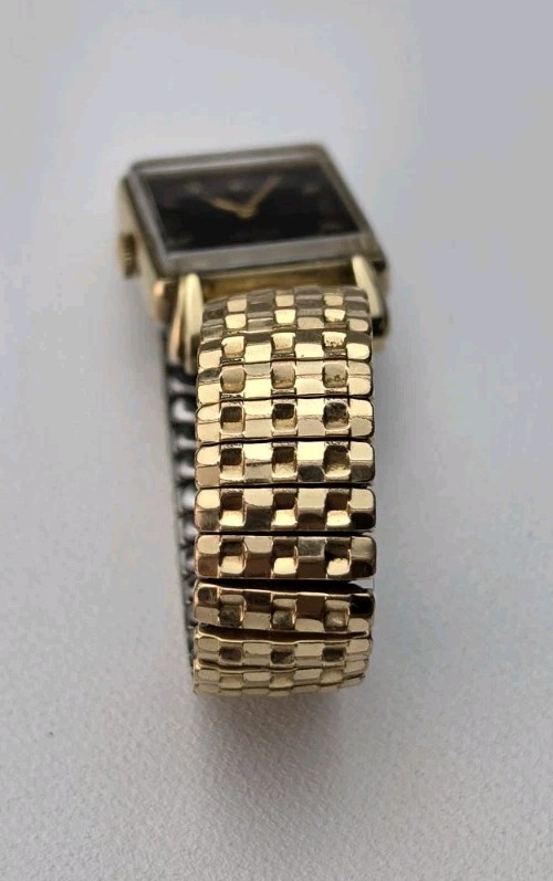 Benrus Vintage 1940s Manual Wind Rectangular Dress Watch Black Dial Gold