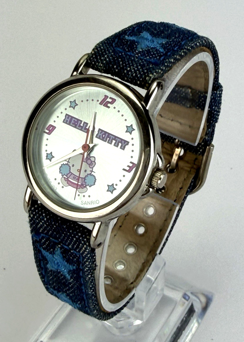 Hello Kitty Sanrio Silver Tone Cheerleader Watch w Denim Band NEW BATT