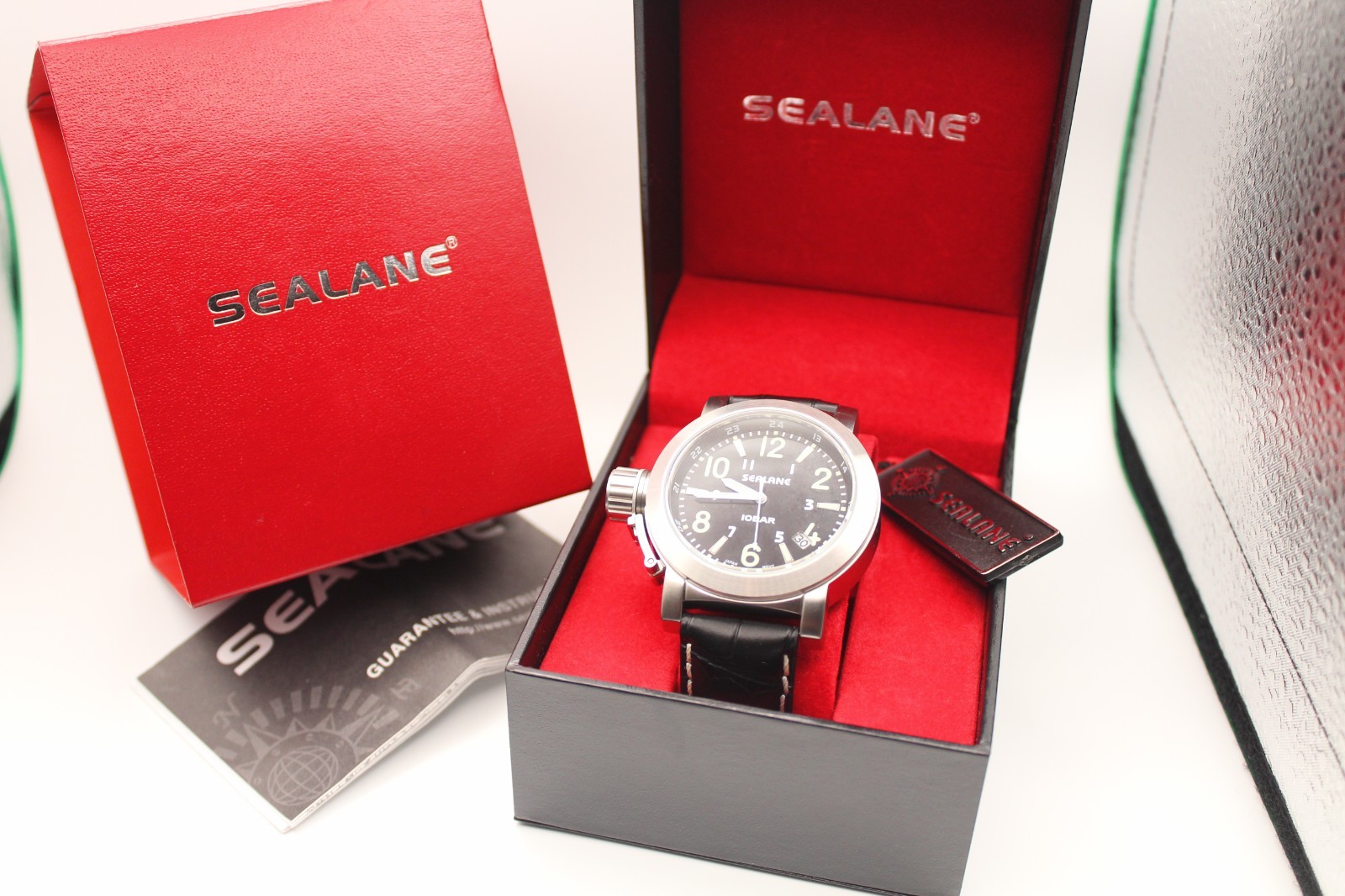 Rare JDM SEALANE 10 BAR Men’s Quartz Watch 44.7mm Box & Tags Black Dial Leather