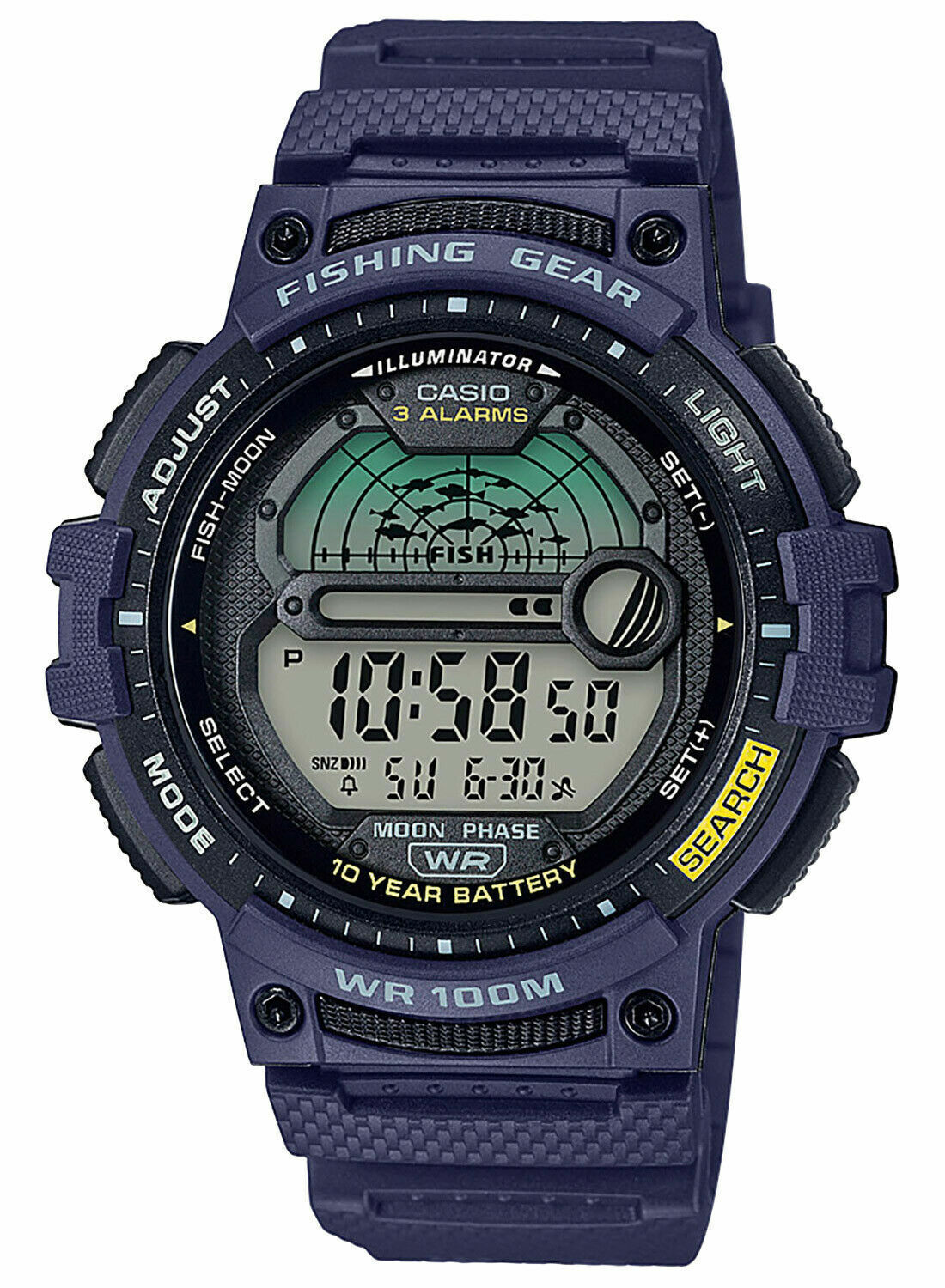 Casio WS-1200H-2AV, Fishing Tide/Moon Graph, 10 Year Battery, Blue, 3 Alarms