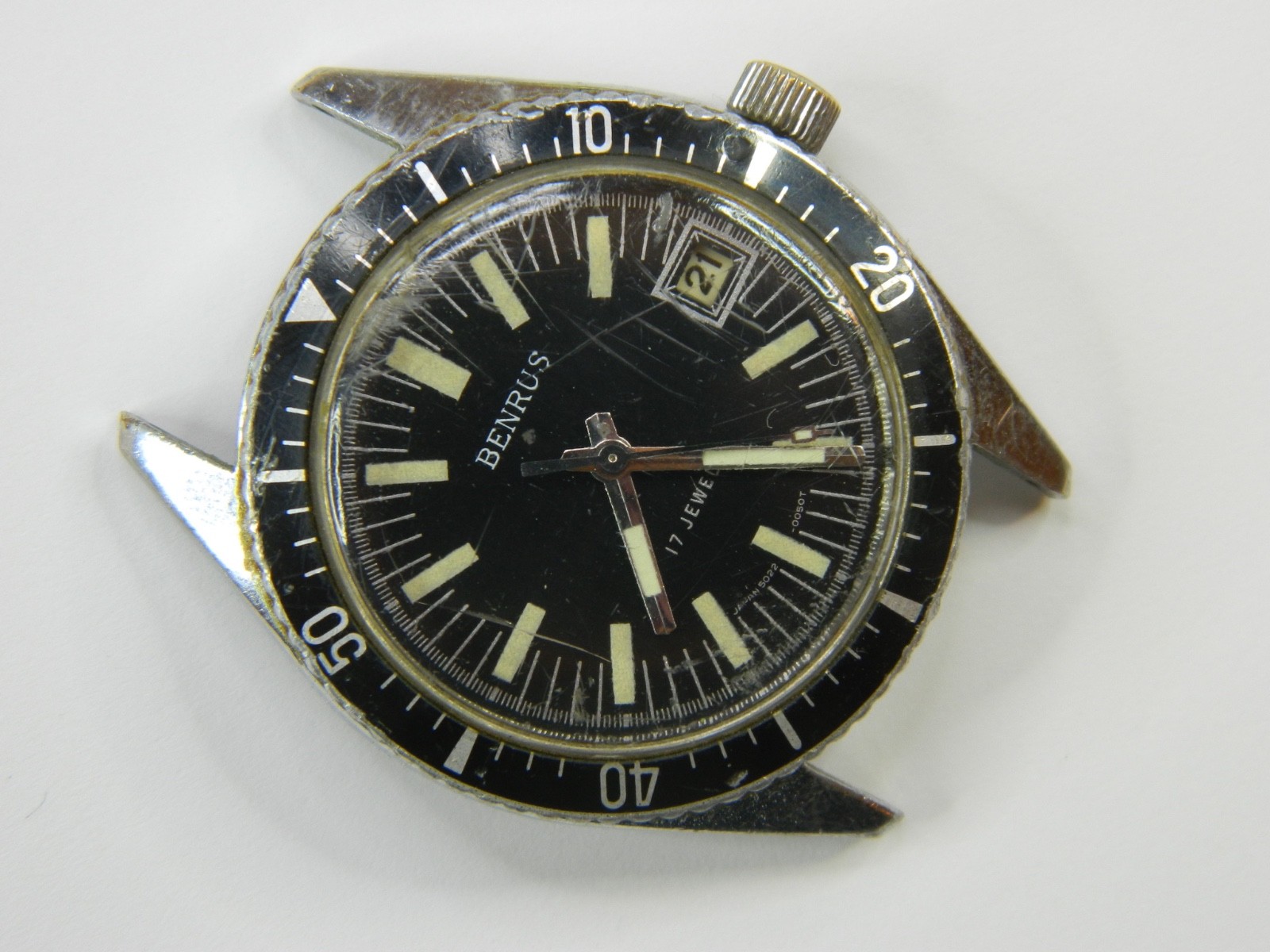 RARE VINTAGE 1970’s BENRUS 17J 5022 MENS DIVER WATCH – RUNS GOOD TIMER – REPAIR