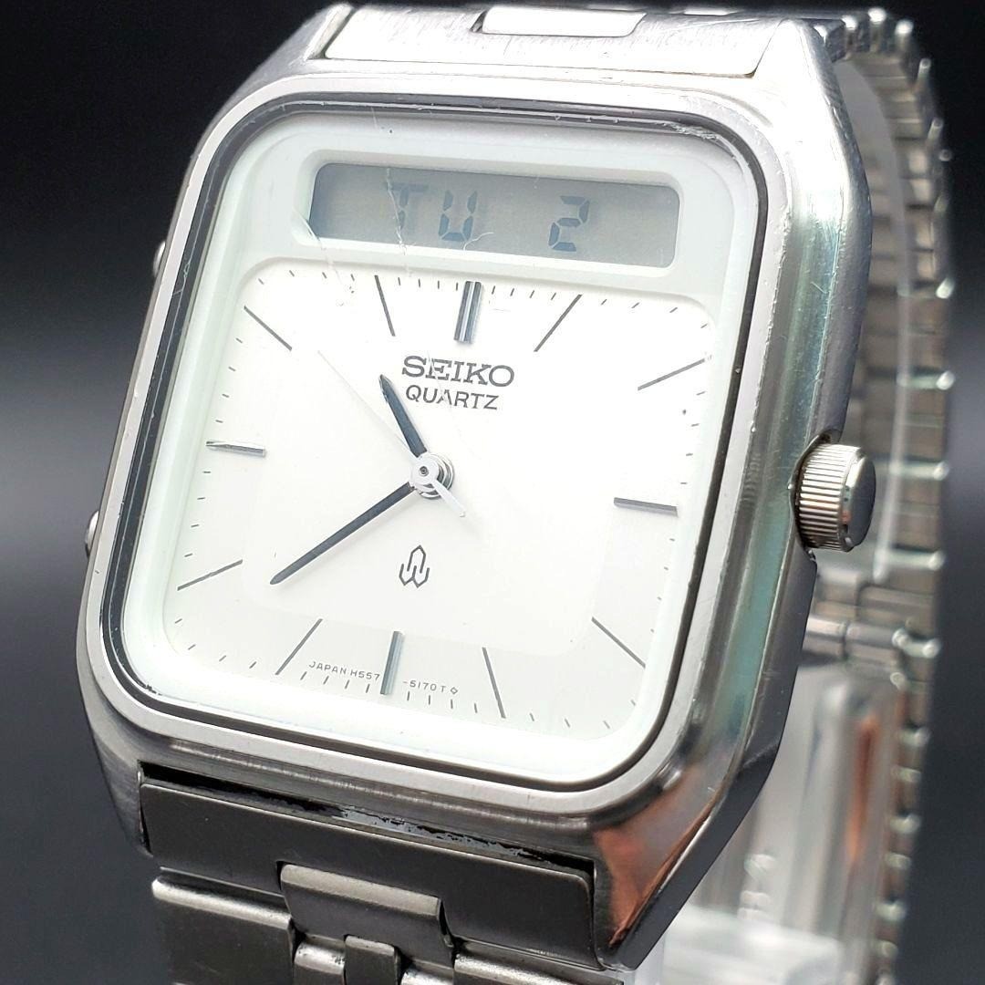 SEIKO H557-5170 Hybrid Ana Digi Square Watch Rare Logo Vintage 1980s Japan