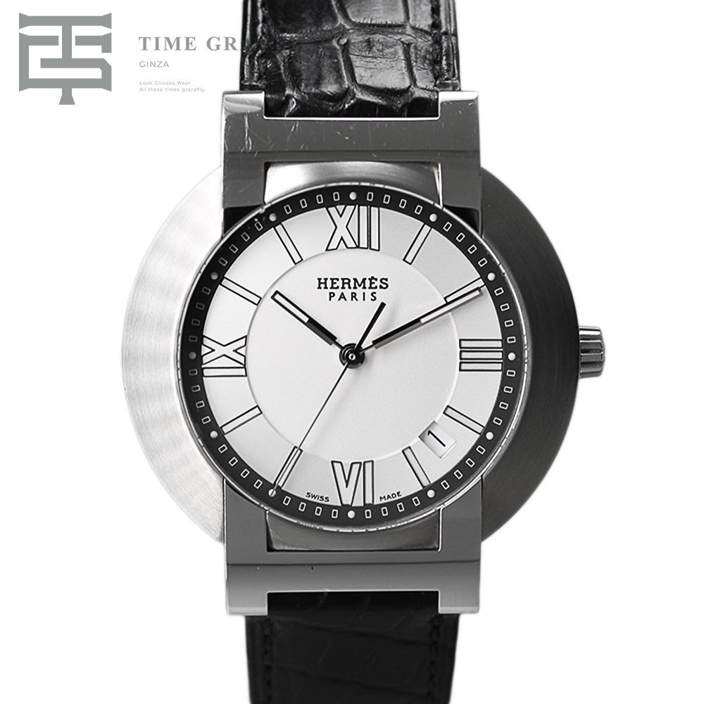 HERMES nomad black leather auto quartz NO1.810.230MNO silver mens Used