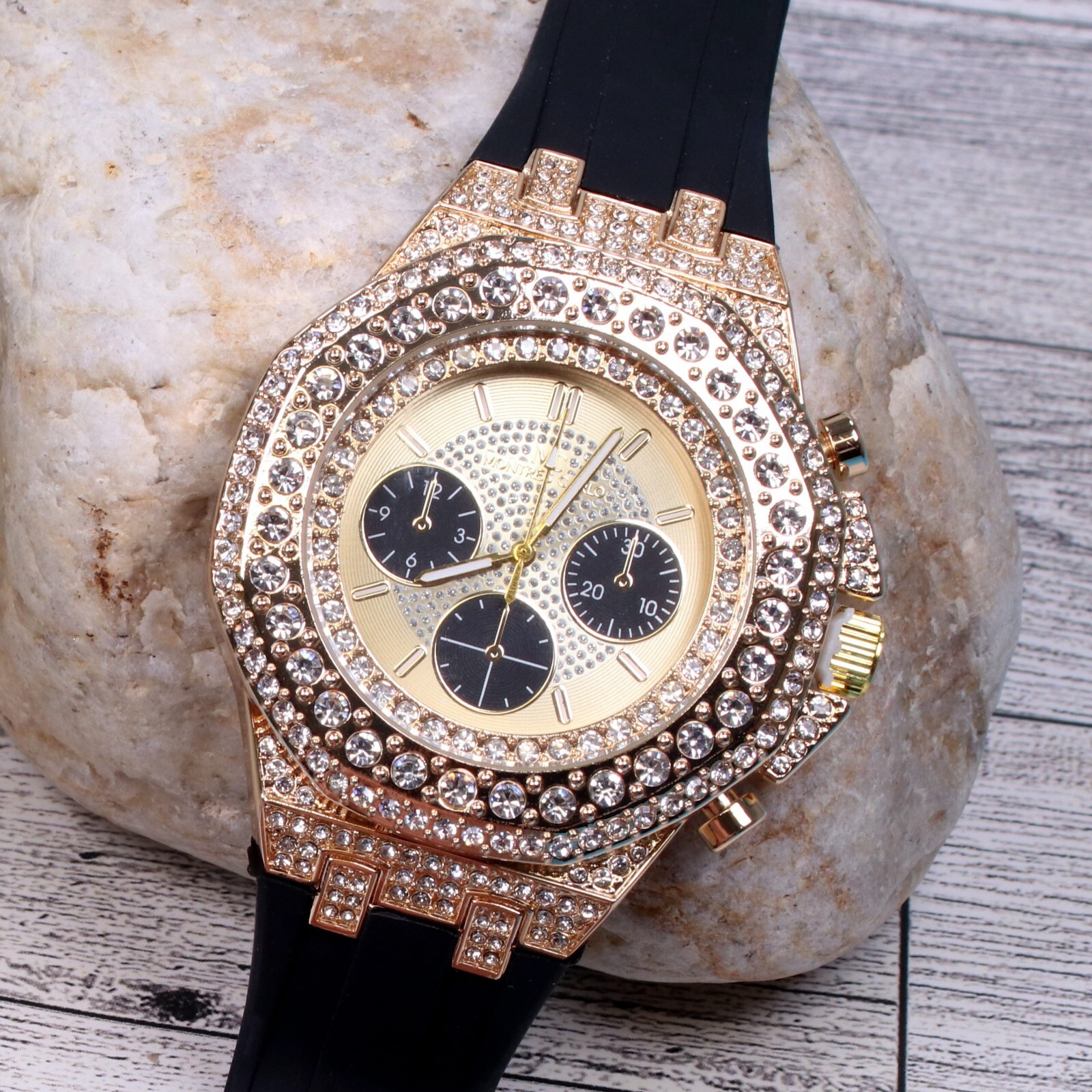 Montres Carlo Men’s Hip Hop Rapper Luxury Stones Dress Wrist Watch Gold Finish