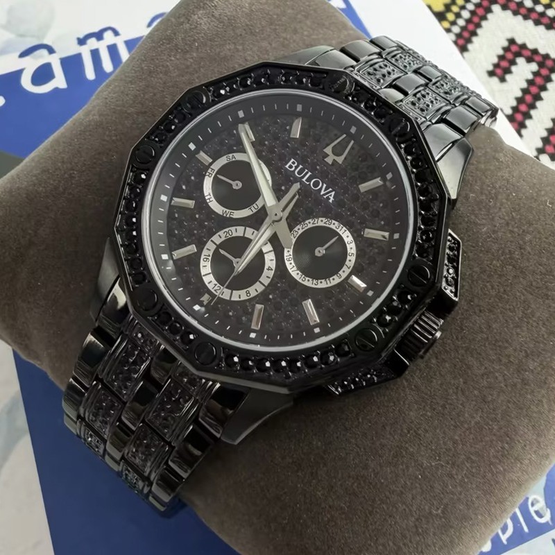 Bulova Classic Octava Crystal Men 98C134 Black Dial Diamond Quartz Watch 41.5mm