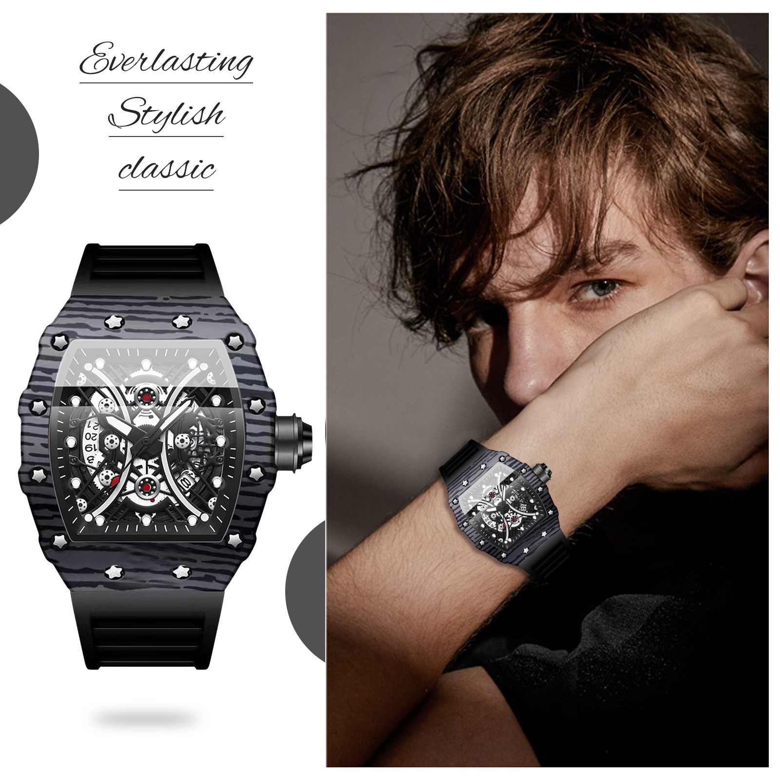 Luminous Mens Silicone Sports Watch Tonneau Skeleton Dial Date Quartz Wristwatch