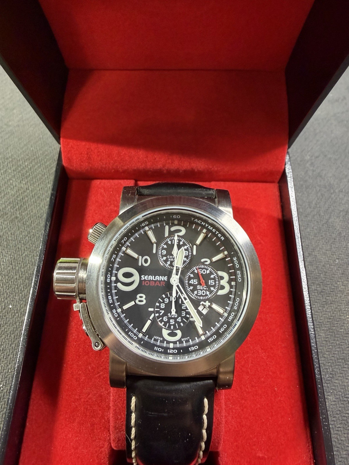 SEALANE 10BAR Quartz Chronograph 10 BAR Black Dial Black Leather Strap Watch