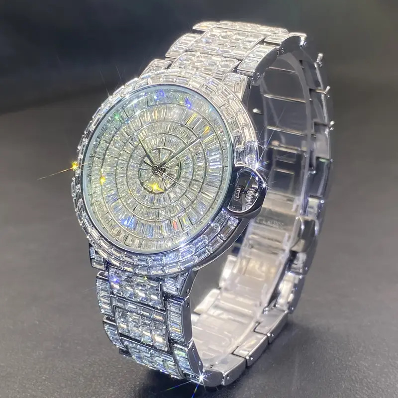Hip Hop Luxury Men’s Ice Out Watch Iced King Bling Waterproof Silver Cz Diamond
