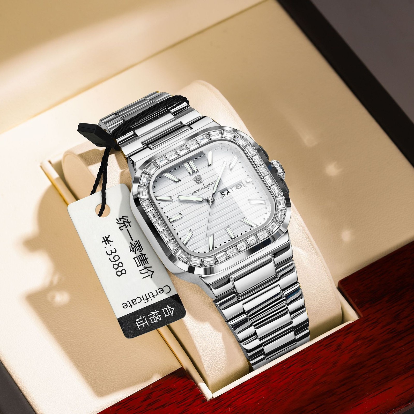 POEDAGAR Men Business Watch Stainless Steel Day Date Luminous Waterproof Quartz