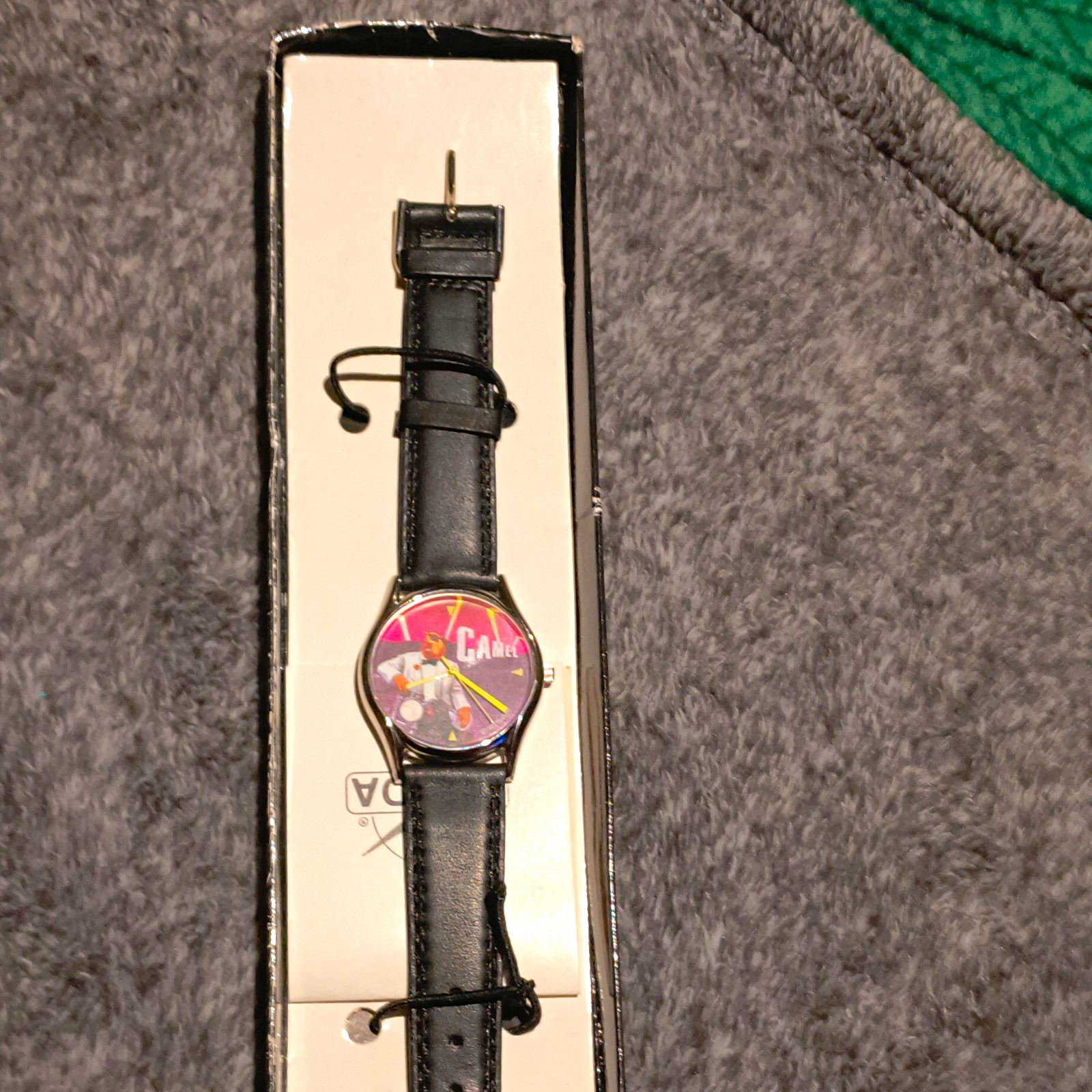 SWEDA Camel Quartz Analog Watch Silver SS Case Black Leather Strap w/ Box