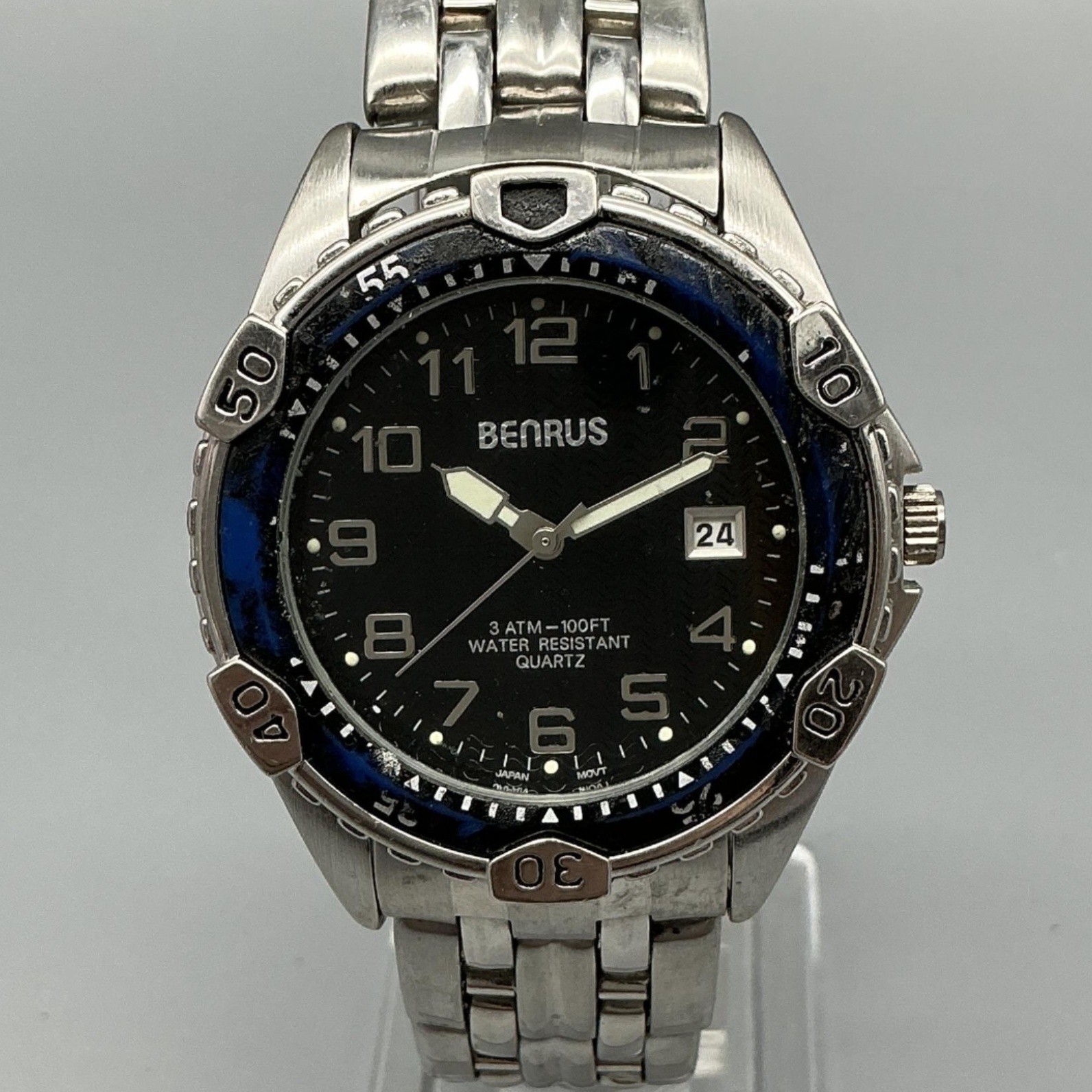 Benrus BNW707 Mens Watch 39mm Black Dial Silver Tone Bracelet New Battery 7.5″