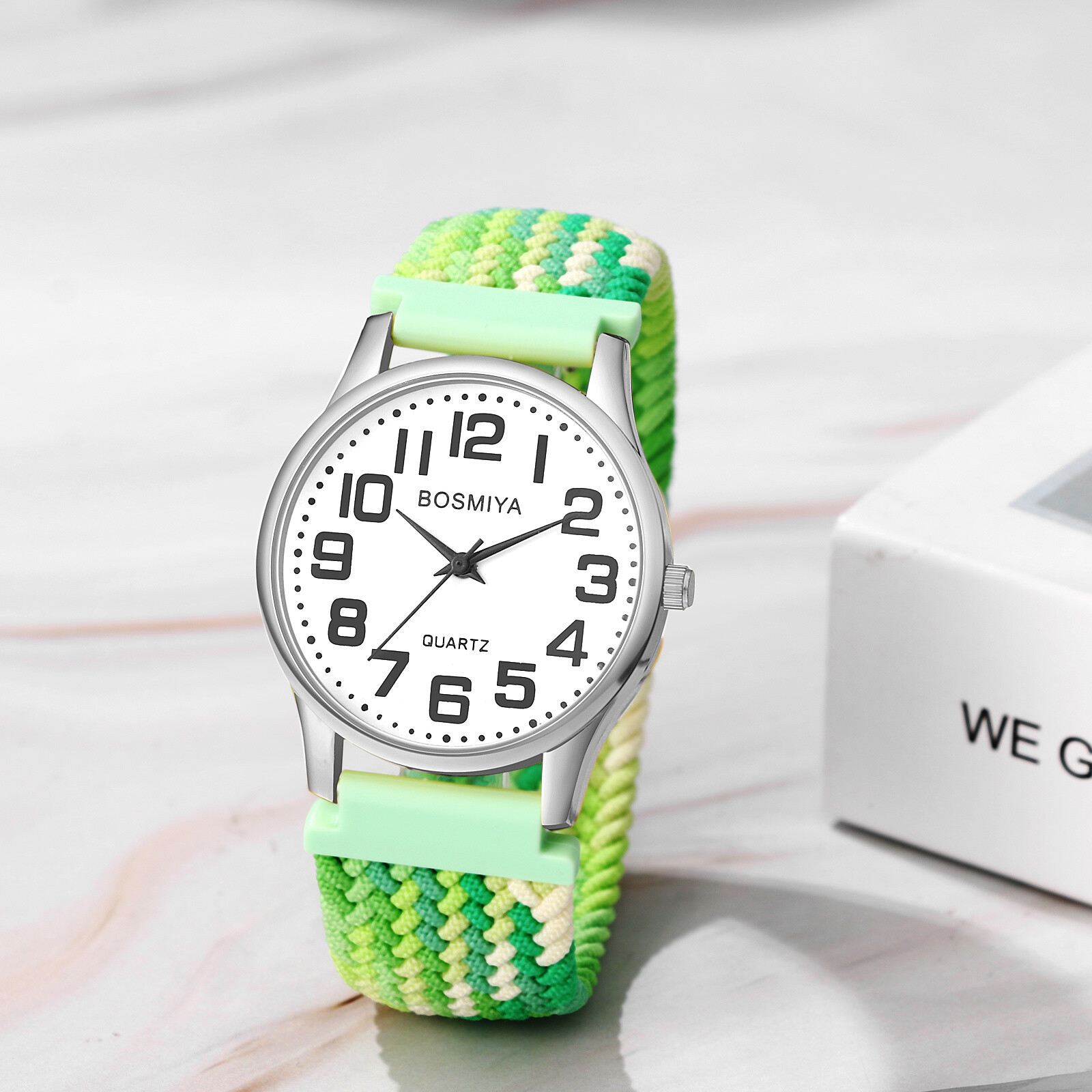 Women Men Elastic Braided Band Large Round Dial Easy Reader Analog Quartz Watch