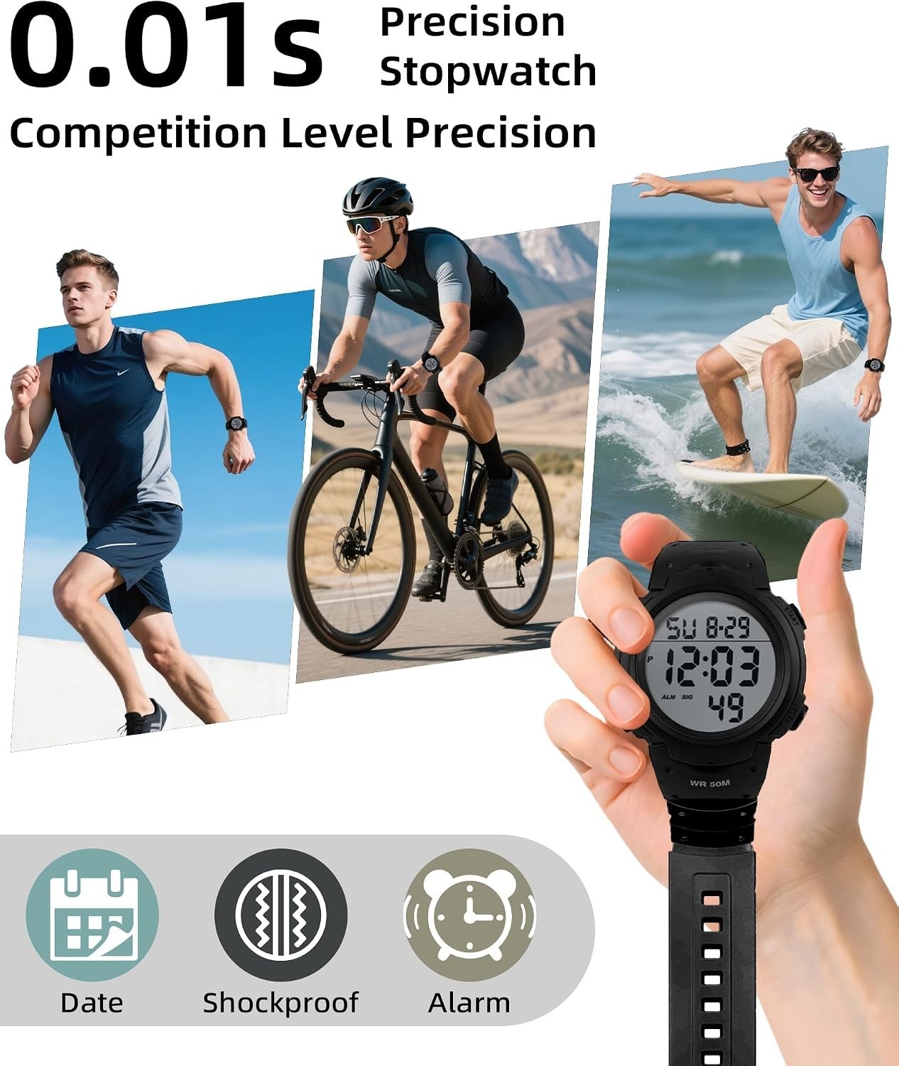 Men’s Active Digital Watch – 50mm Face, EL Backlight & Waterproof for Outdoors