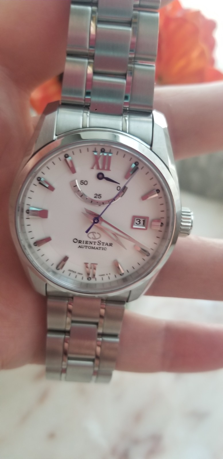 Orient STAR MEN’S Automatic Watch w/white Dial & 50 hour Pwr Reserve. Gorgeous!