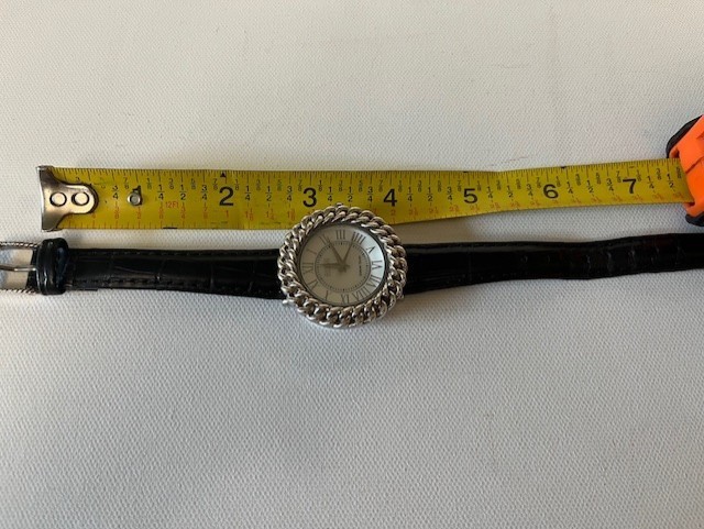 Ecclissi Sterling Silver Watch with Black Leather Band Mother of Pearl Face