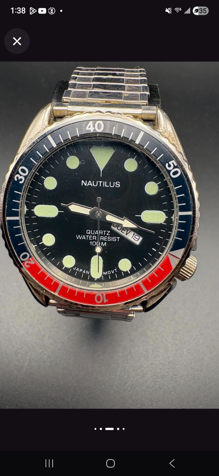 Vintage 1980s Nautilus Diver Pepsi Watch Quartz Mvmt RUNS great!