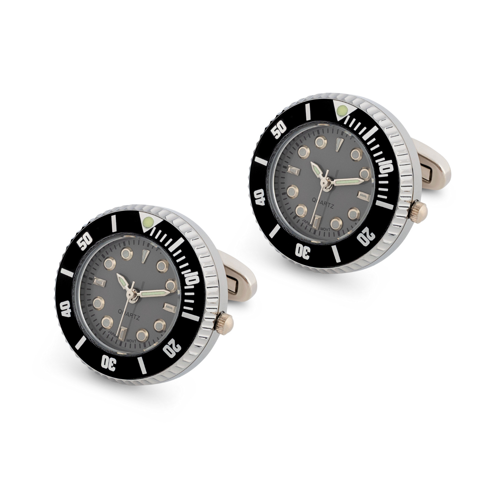 Black Bezel Grey Face Working watch cufflinks Stainless Steel with Japanese Mvt