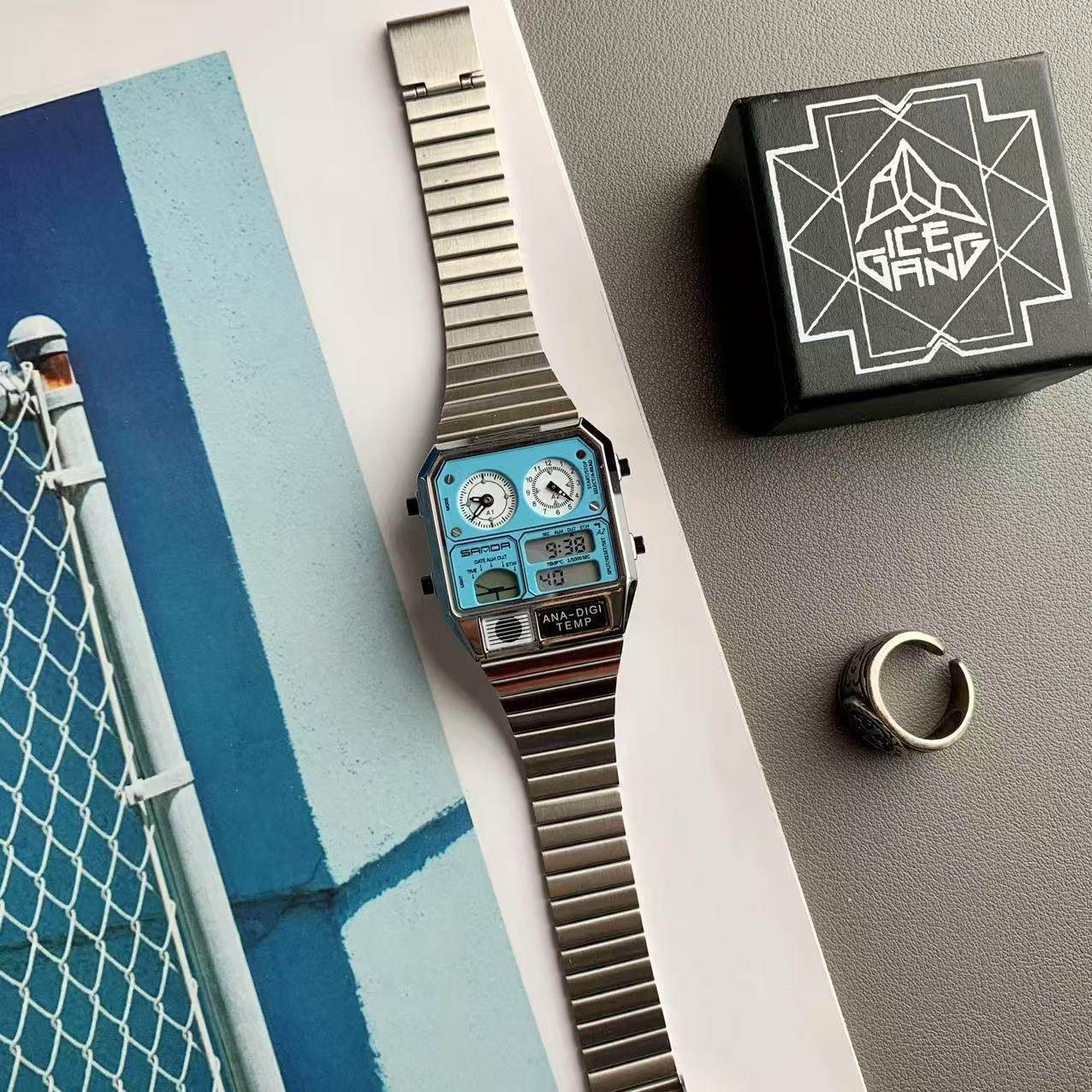 Retro Thin Square Sports Watch Luminous Alarm Waterproof Stainless Steel Band