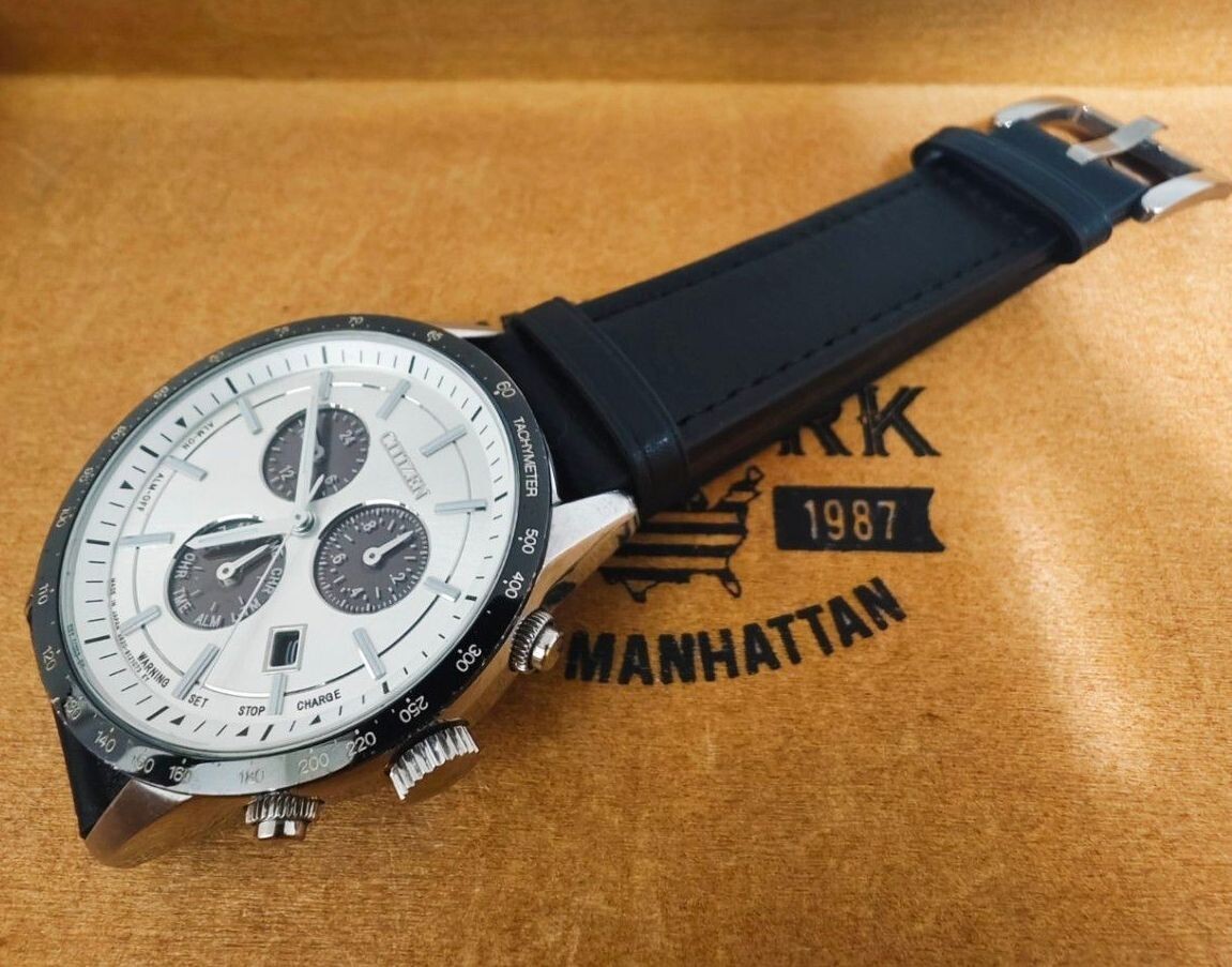 CITIZEN Eco Drive Solar Chronograph Panda White Dial Black Leather Watch