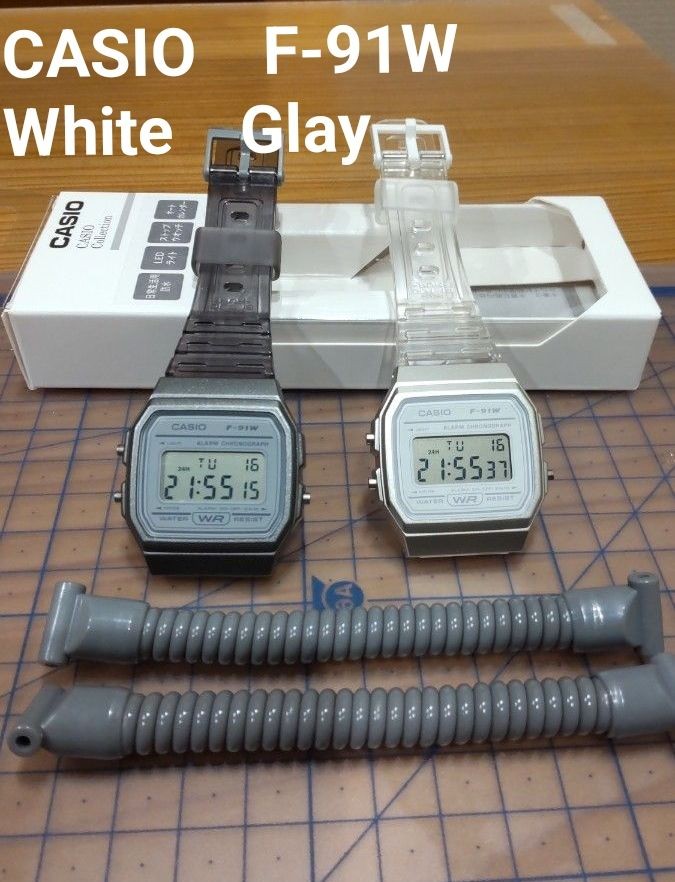 Casio F-91W White Gray Pair Digital Watches with Bonus Coil Bands From Japan
