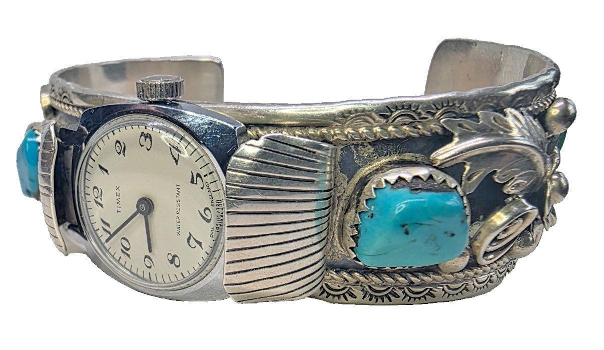 NAVAJO 925 Sterling Silver Turquoise Cuff Watch, Signed, New LED Box, 54g
