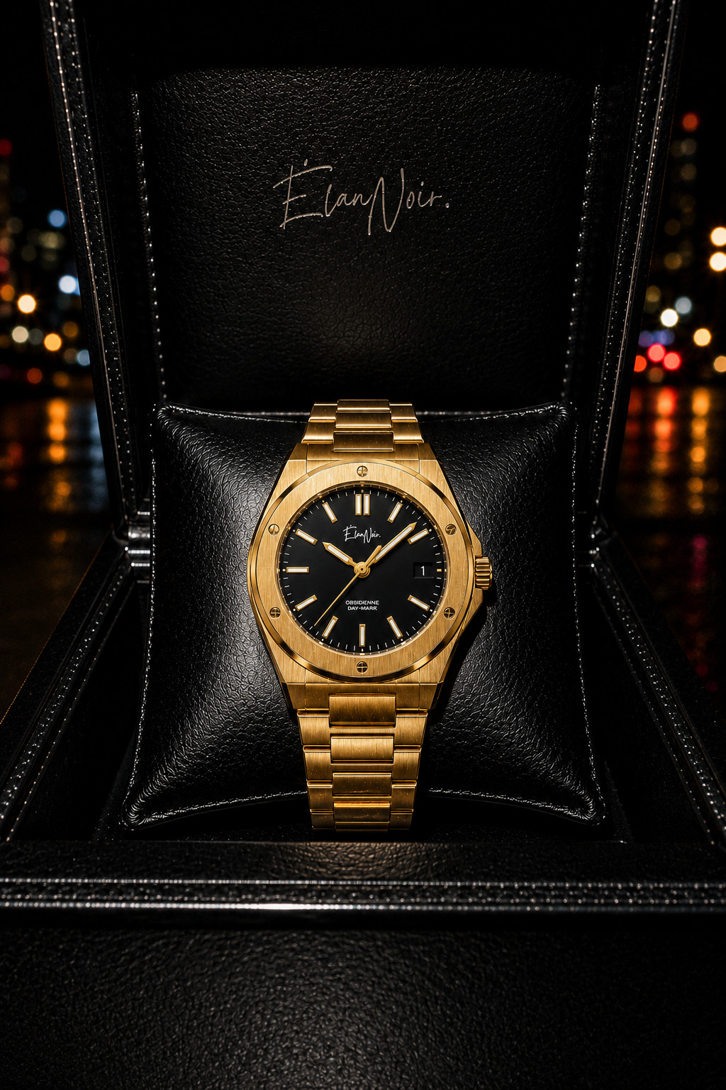 Élan Noir Day-Mark Automatic Mens Watch Gold Black Dial Sapphire Steel 41mm