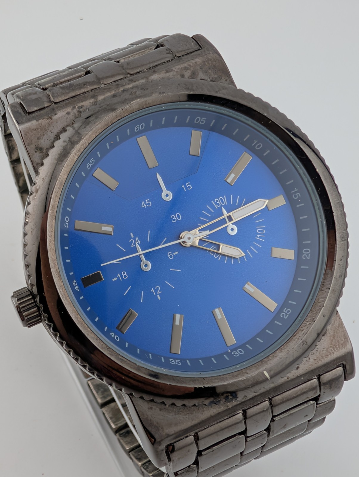 Massimo Watch Men 46mm Case Blue Dial Gunmetal Gray 7.5″ Band- New Battery