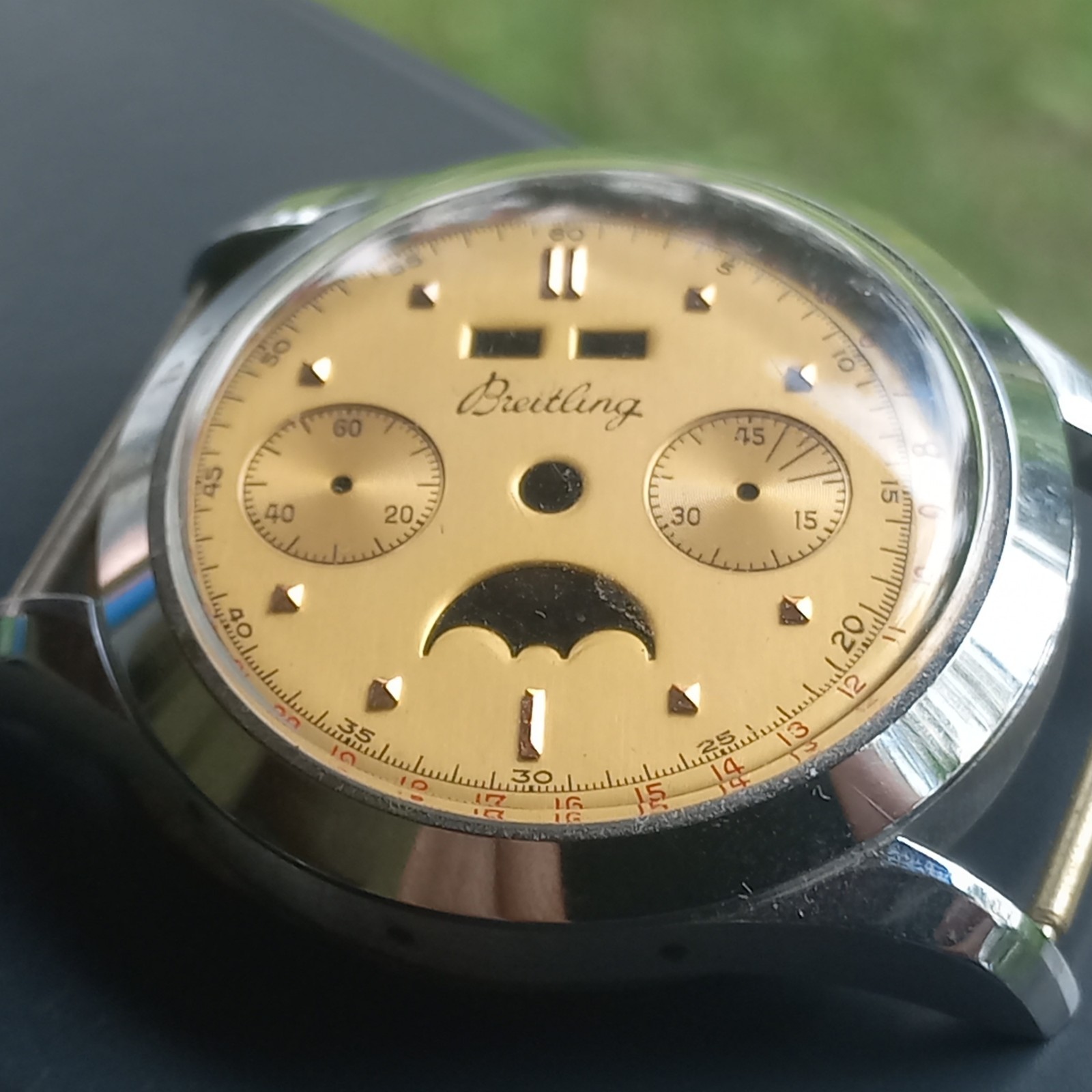 NOS VINTAGE BREITLING TRIPLE DATE MOONPHASE CHRONOGRAPH WATCH CASE DIAL 1950..