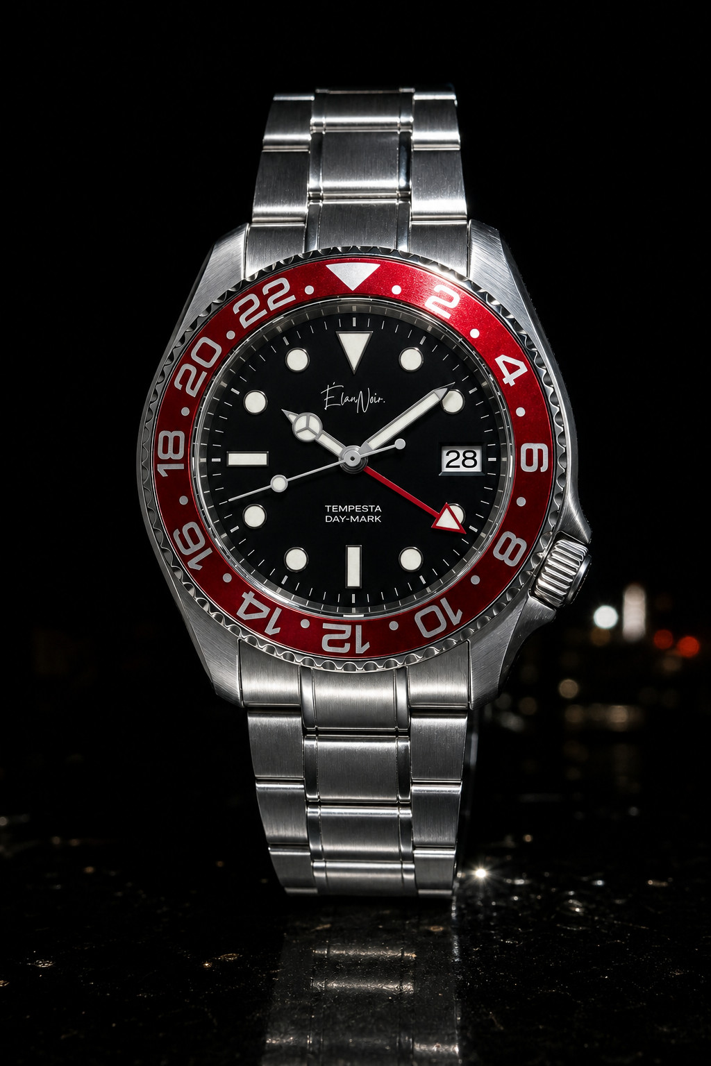 Custom Élan Noir Tempesta Automatic GMT Watch 41mm 316LSteel Dial Red/Black NH35
