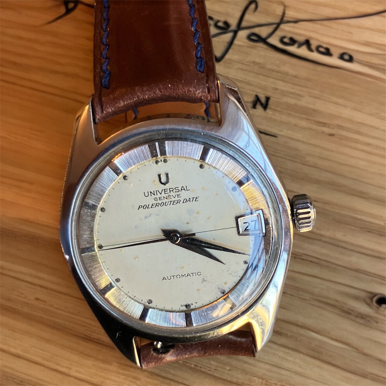Universal Geneve Polerouter Auto Date ST 35mm case Cream Index dial Strap 1960