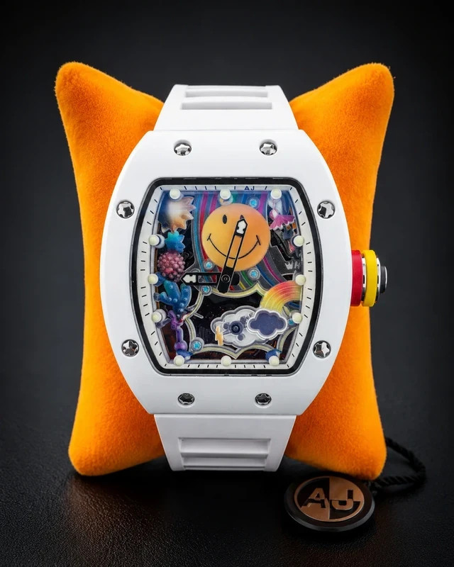 #546 AJ 42mm Automatic Skeleton Watch – White with Colorful Smiley Dial