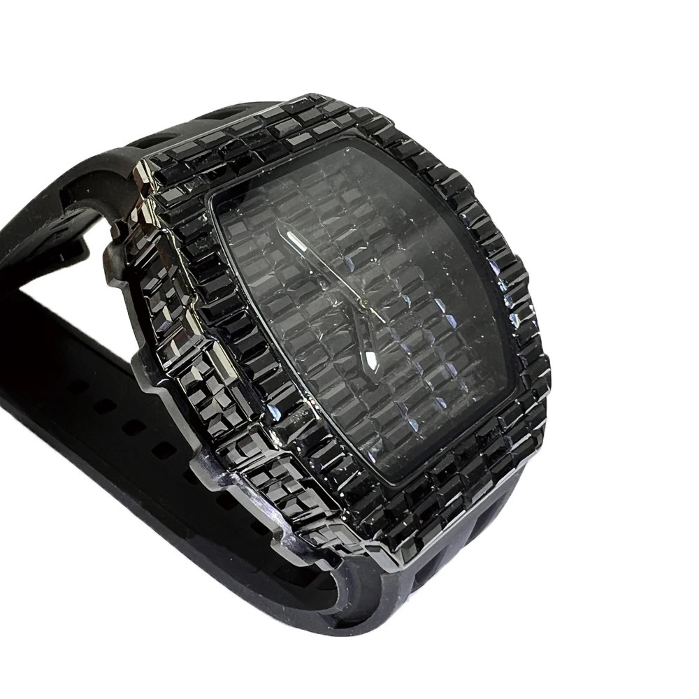 Fashion Tonneau Diamond Bling Men’s Watch Waterproof Rubber Band Gift