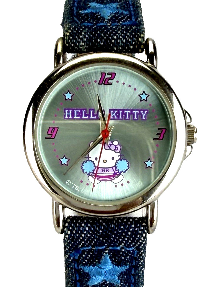 Hello Kitty Sanrio Silver Tone Cheerleader Watch w Denim Band NEW BATT