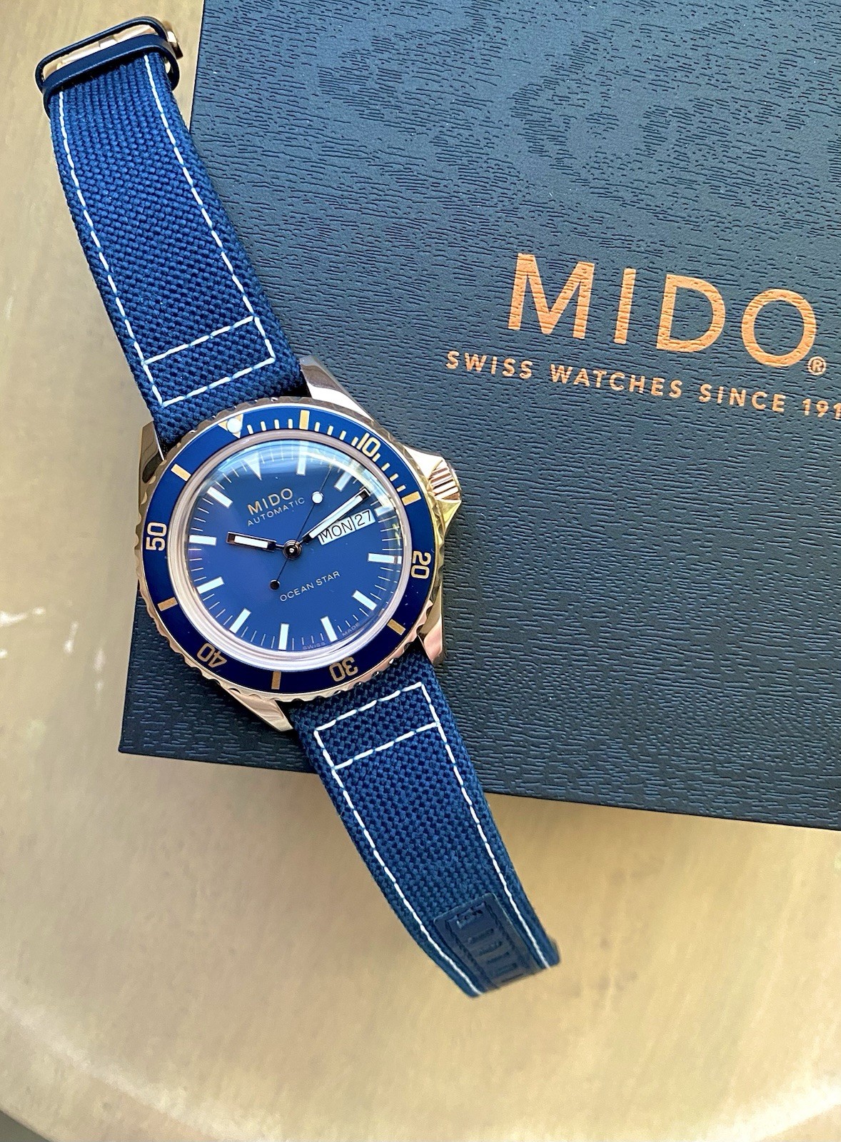 MIDO Ocean Star Automatic Diver Blue Dial/Bezel Rose Gold Case 40.5mm Day/Date