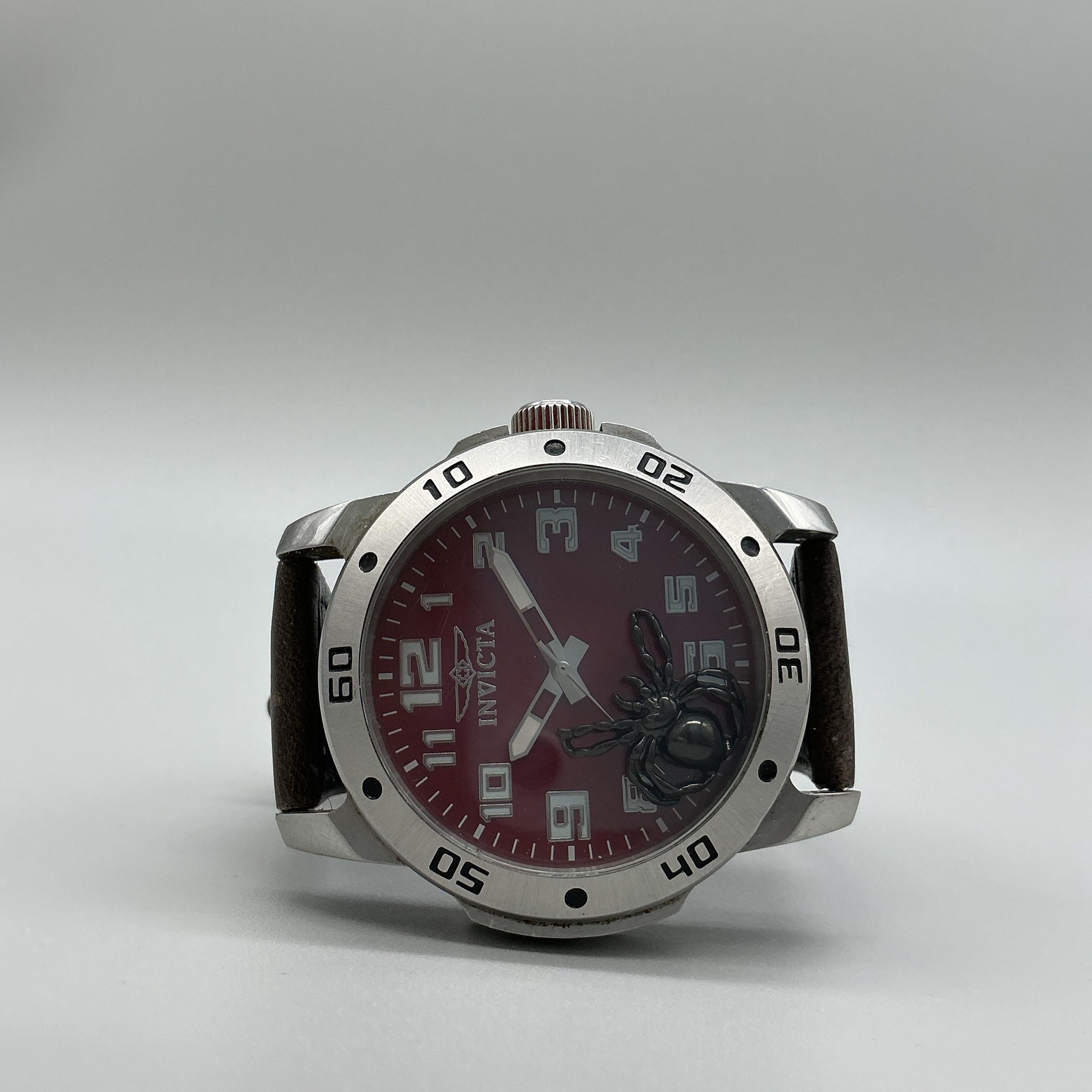Invicta 1172 Tritnite Mens Watch 49mm Red Dial Brown Leather Spider New Battery