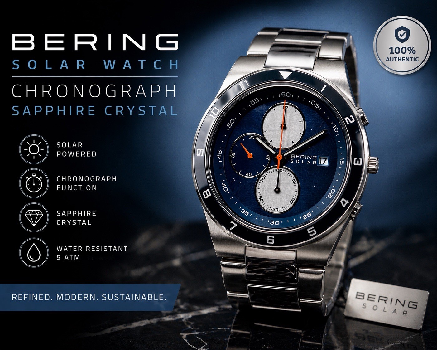 Men’s Bering Solar Chronograph Watch 34440-708 Denmark Sapphire Crystal