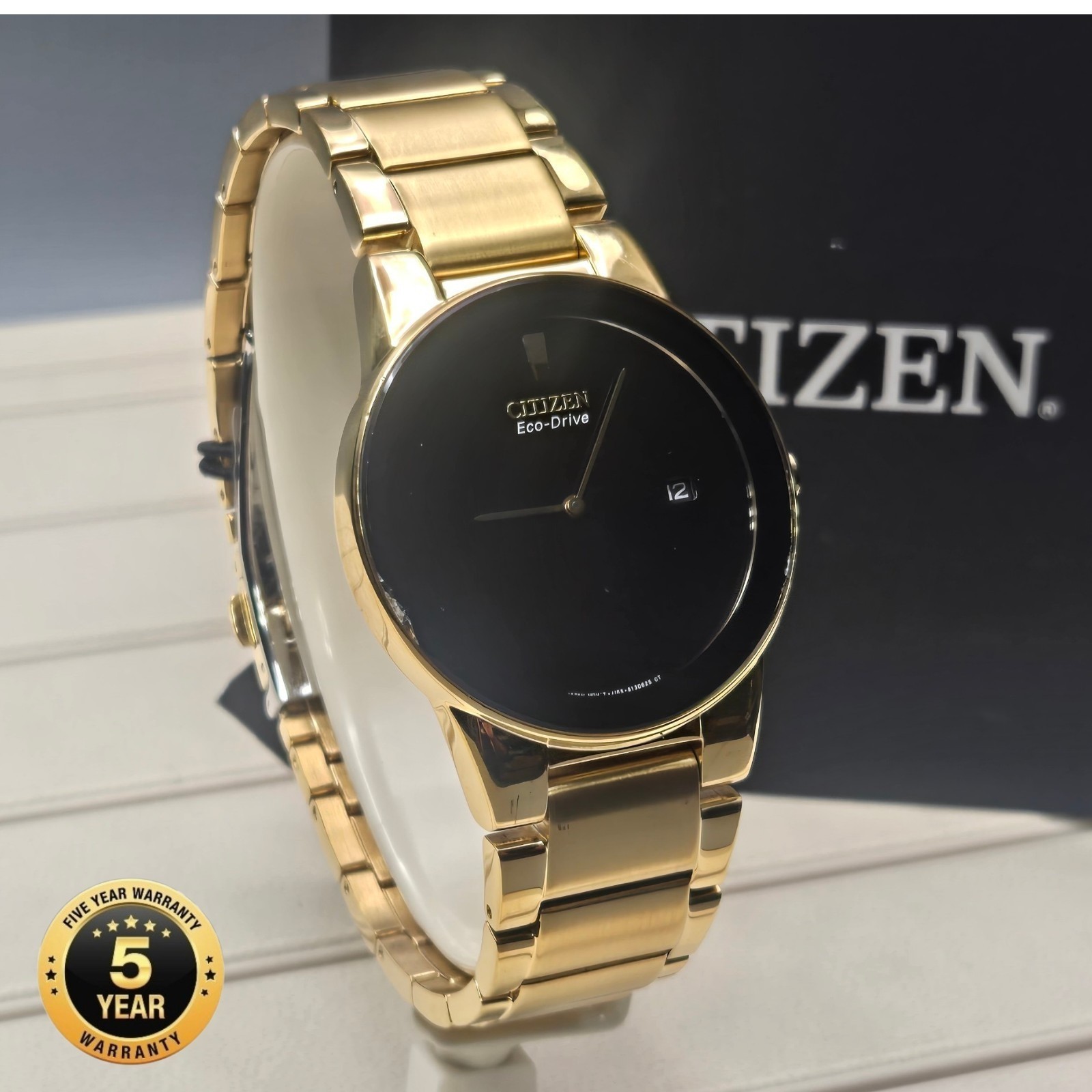 Citizen AU1062-56E Store Display Eco-Drive Axiom Black Dial Gold Tone Watch 40mm